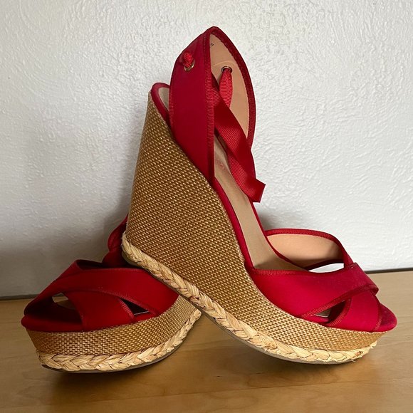 JustFab Shoes - Just Fab Red Satin Lace-Up Platform Espadrilles